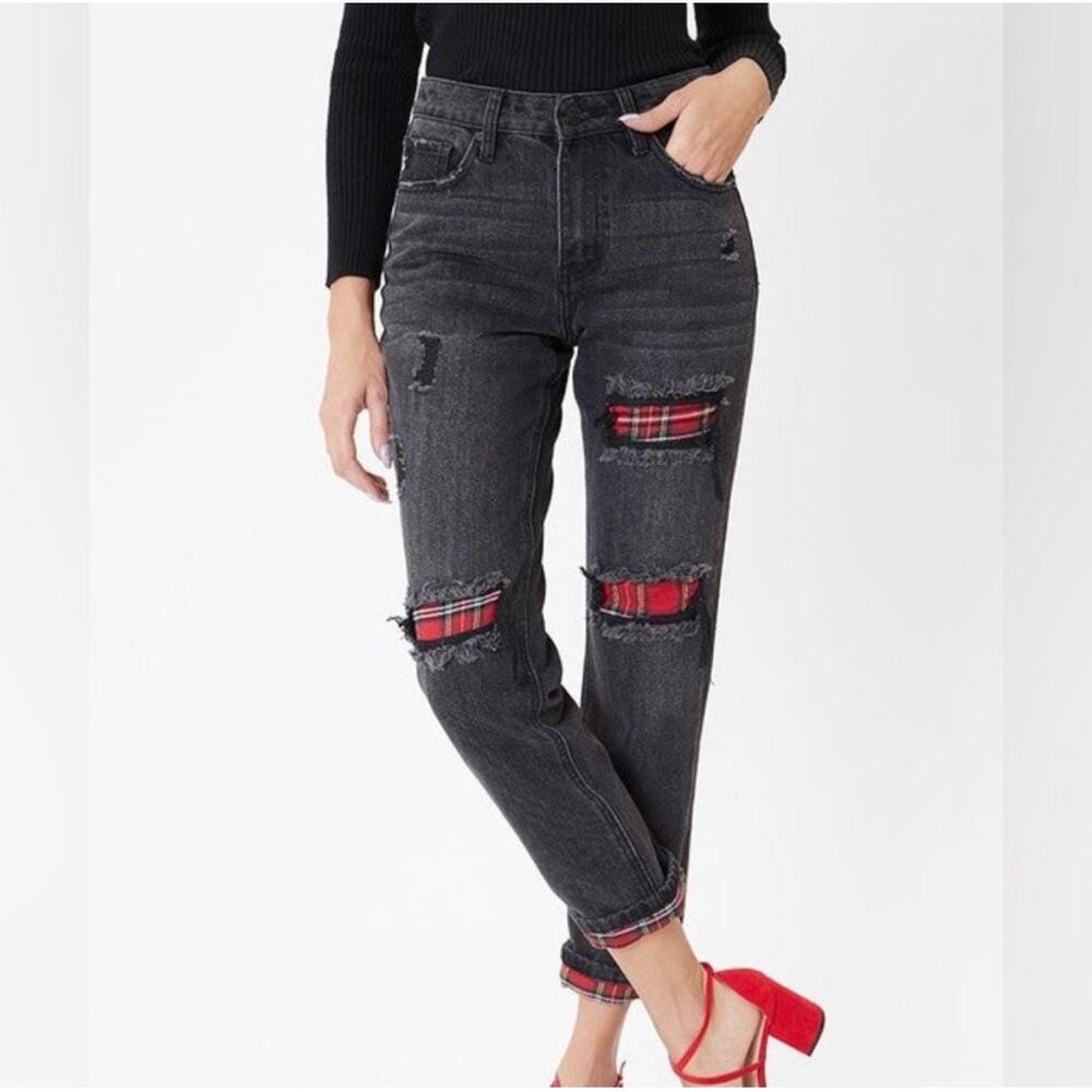 KanCan Women's 1/24 Black Denim High Rise Patchwork Distressed Boyfriend Jeans